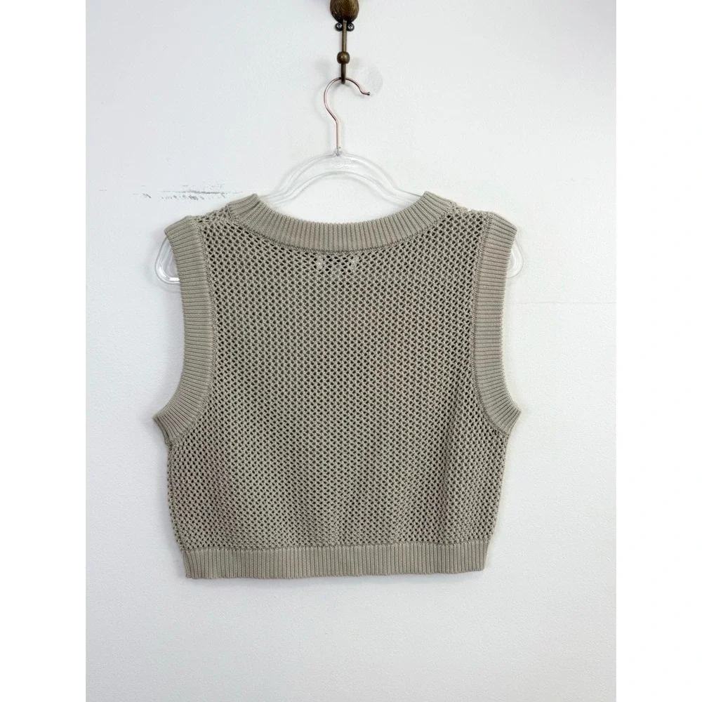 En Saison Open Knit Sweater Tank Beige Sleeveless Cropped Top Size L